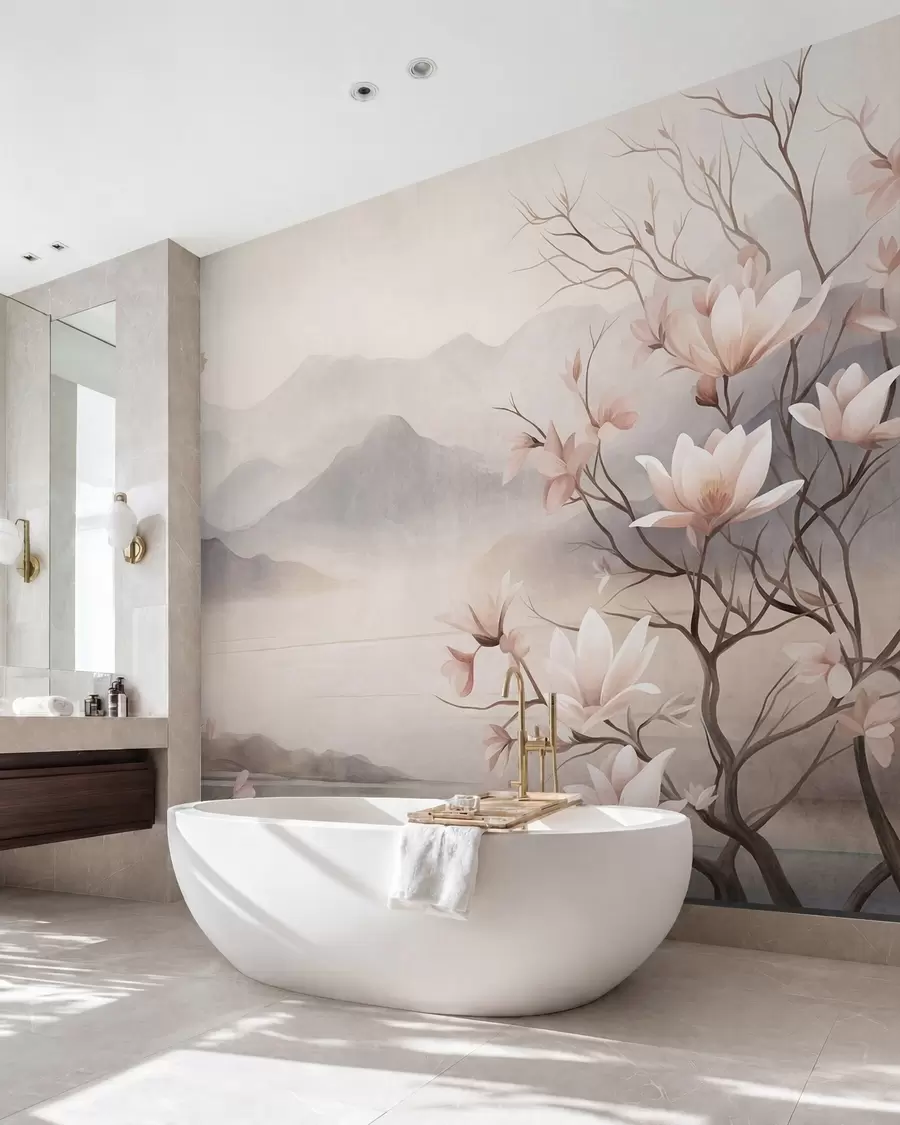 Papier peint Des montagnes et des branches de magnolia roses en fleurs, un paysage riche en textures w10013