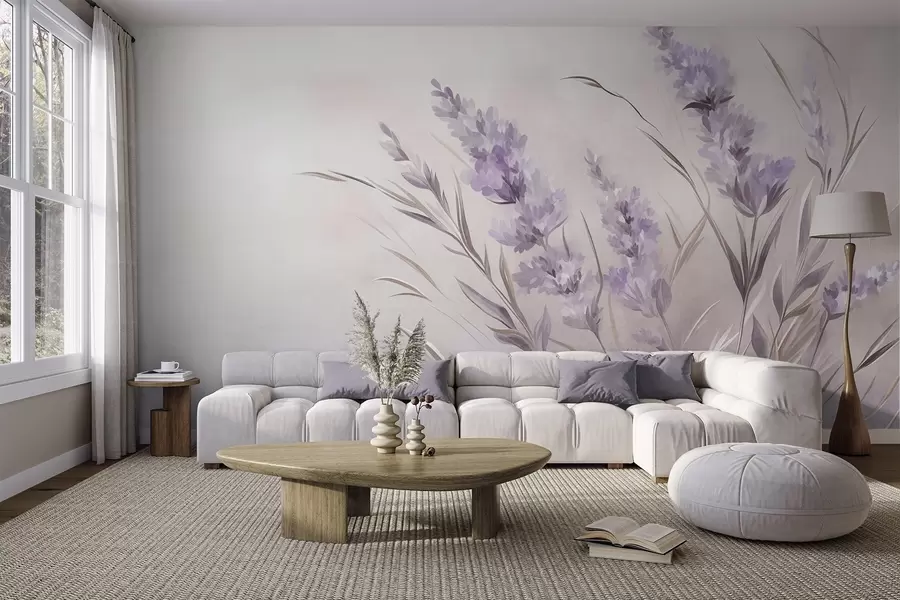 Papier peint Fleurs de lavande aux longues tiges et feuilles, œuvre d'art aux textures douces aux tons pastel w10018