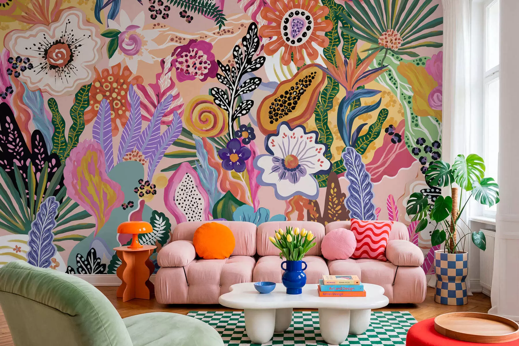 Papier peint Motif tropical éclatant composé de fleurs, de feuilles et de fruits colorés w05815