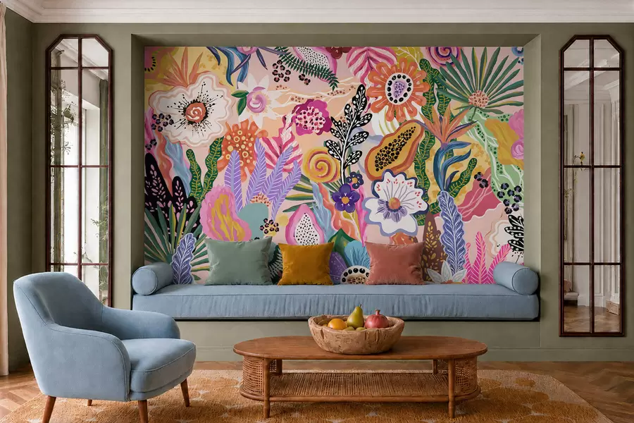 Papier peint Motif tropical éclatant composé de fleurs, de feuilles et de fruits colorés w05815