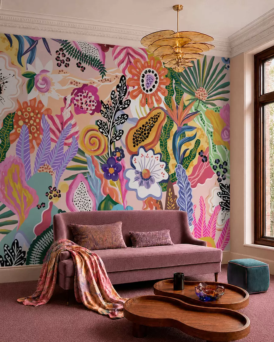 Papier peint Motif tropical éclatant composé de fleurs, de feuilles et de fruits colorés w05815