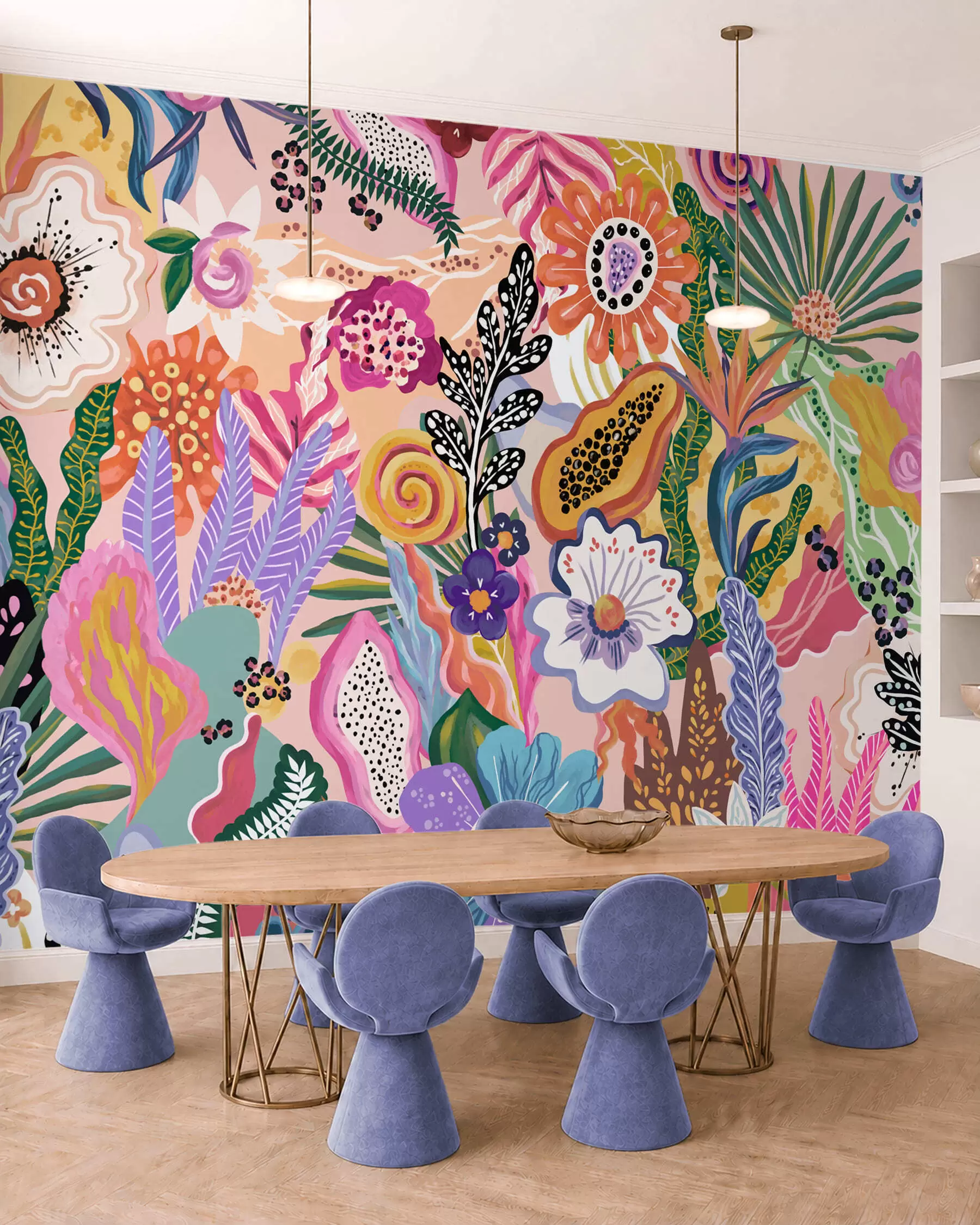 Papier peint Motif tropical éclatant composé de fleurs, de feuilles et de fruits colorés w05815