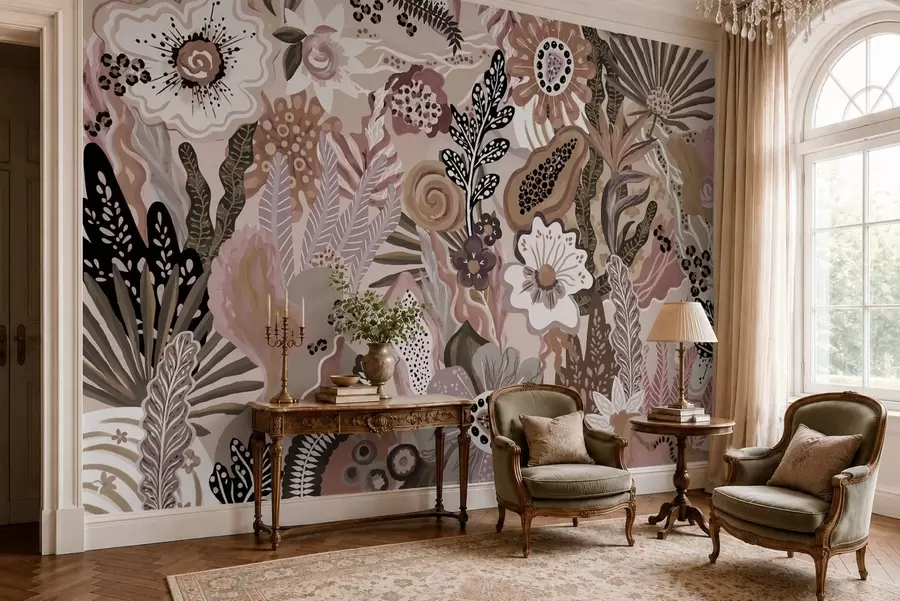Papier peint Motif tropical aux couleurs poudrées, composé de fleurs, de feuilles et de tons doux et discrets w05815v1