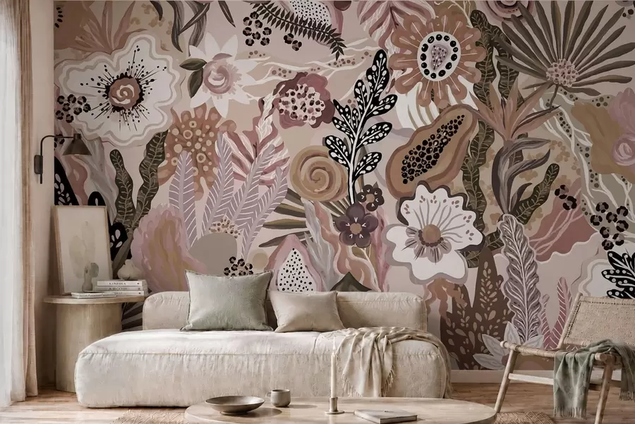 Papier peint Motif tropical aux couleurs poudrées, composé de fleurs, de feuilles et de tons doux et discrets w05815v1