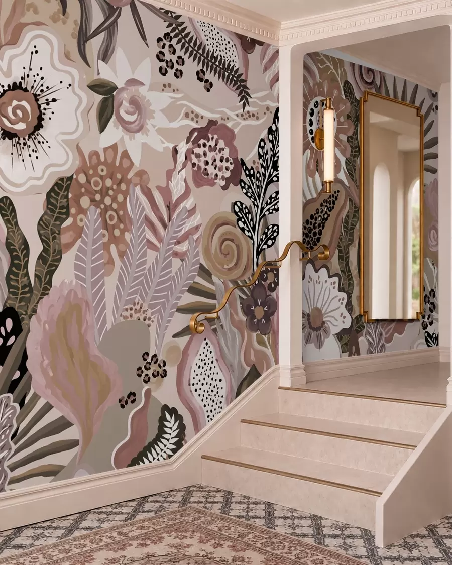 Papier peint Motif tropical aux couleurs poudrées, composé de fleurs, de feuilles et de tons doux et discrets w05815v1