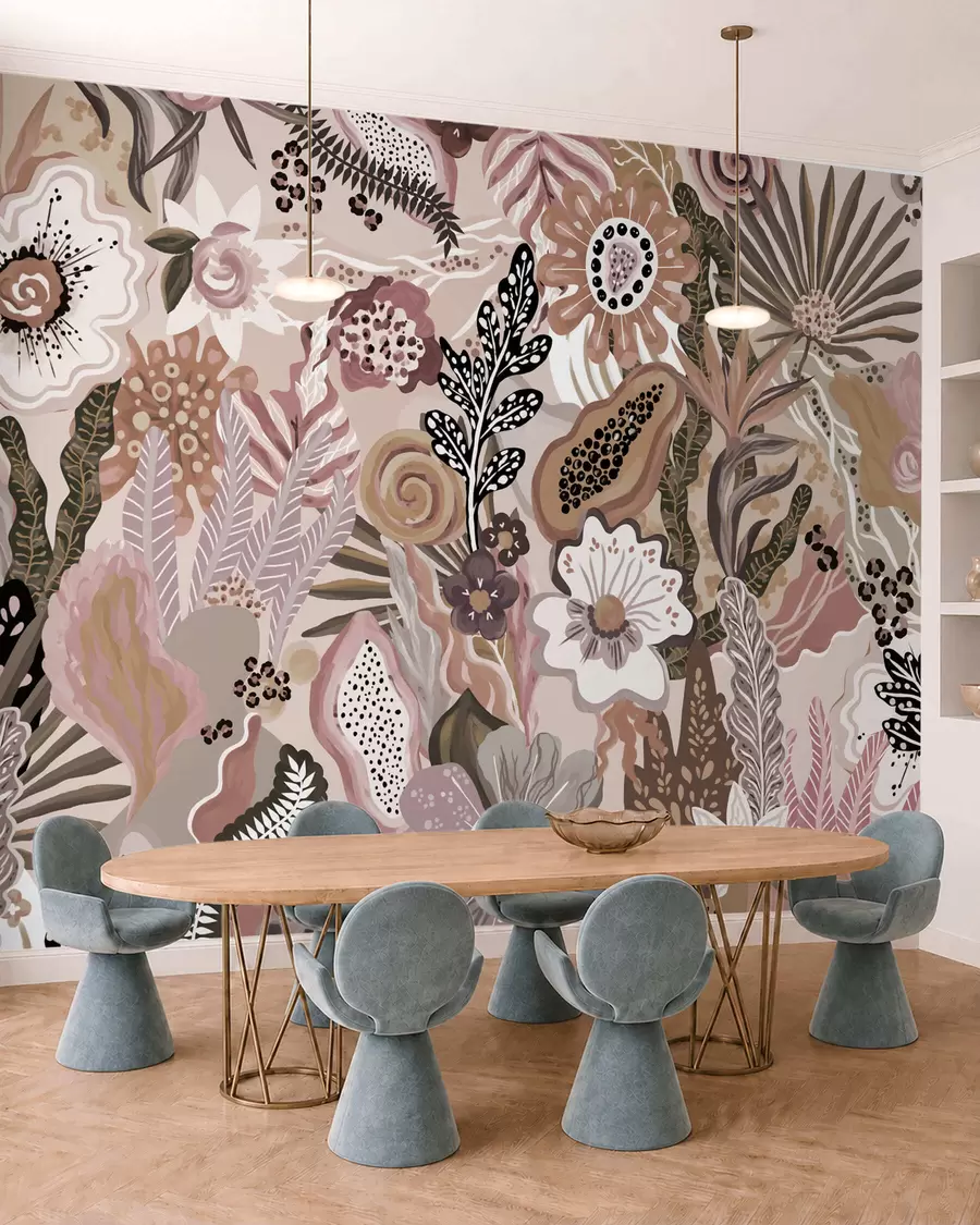 Papier peint Motif tropical aux couleurs poudrées, composé de fleurs, de feuilles et de tons doux et discrets w05815v1