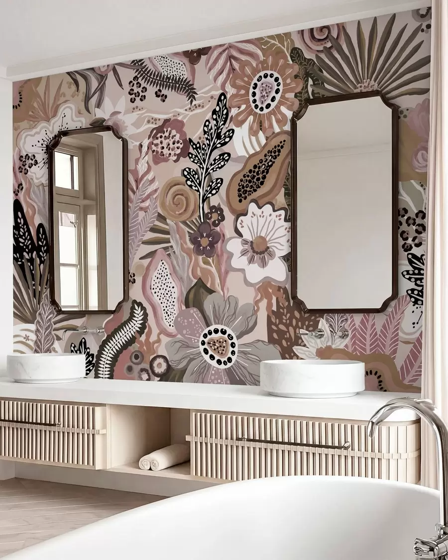 Papier peint Motif tropical aux couleurs poudrées, composé de fleurs, de feuilles et de tons doux et discrets w05815v1