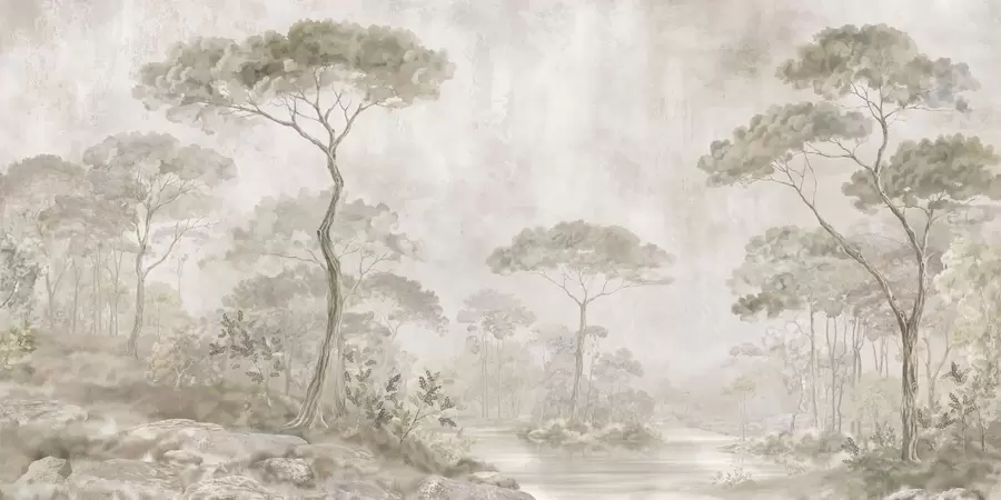 Papier peint Une forêt brumeuse au bord d'un plan d'eau paisible, dans des tons pastel naturels et doux w05817