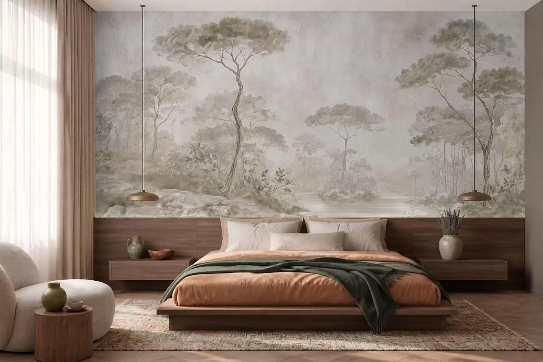 Papier peint Une forêt brumeuse au bord d'un plan d'eau paisible, dans des tons pastel naturels et doux w05817