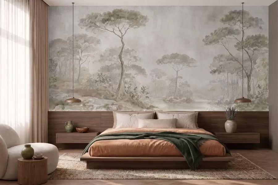 Papier peint Une forêt brumeuse au bord d'un plan d'eau paisible, dans des tons pastel naturels et doux w05817