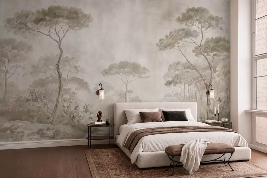 Papier peint Une forêt brumeuse au bord d'un plan d'eau paisible, dans des tons pastel naturels et doux w05817