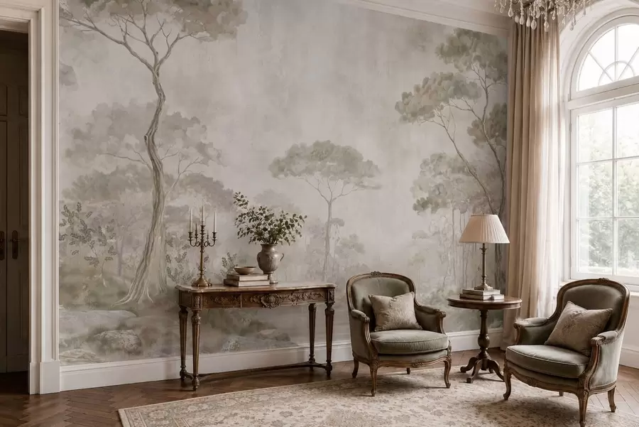 Papier peint Une forêt brumeuse au bord d'un plan d'eau paisible, dans des tons pastel naturels et doux w05817