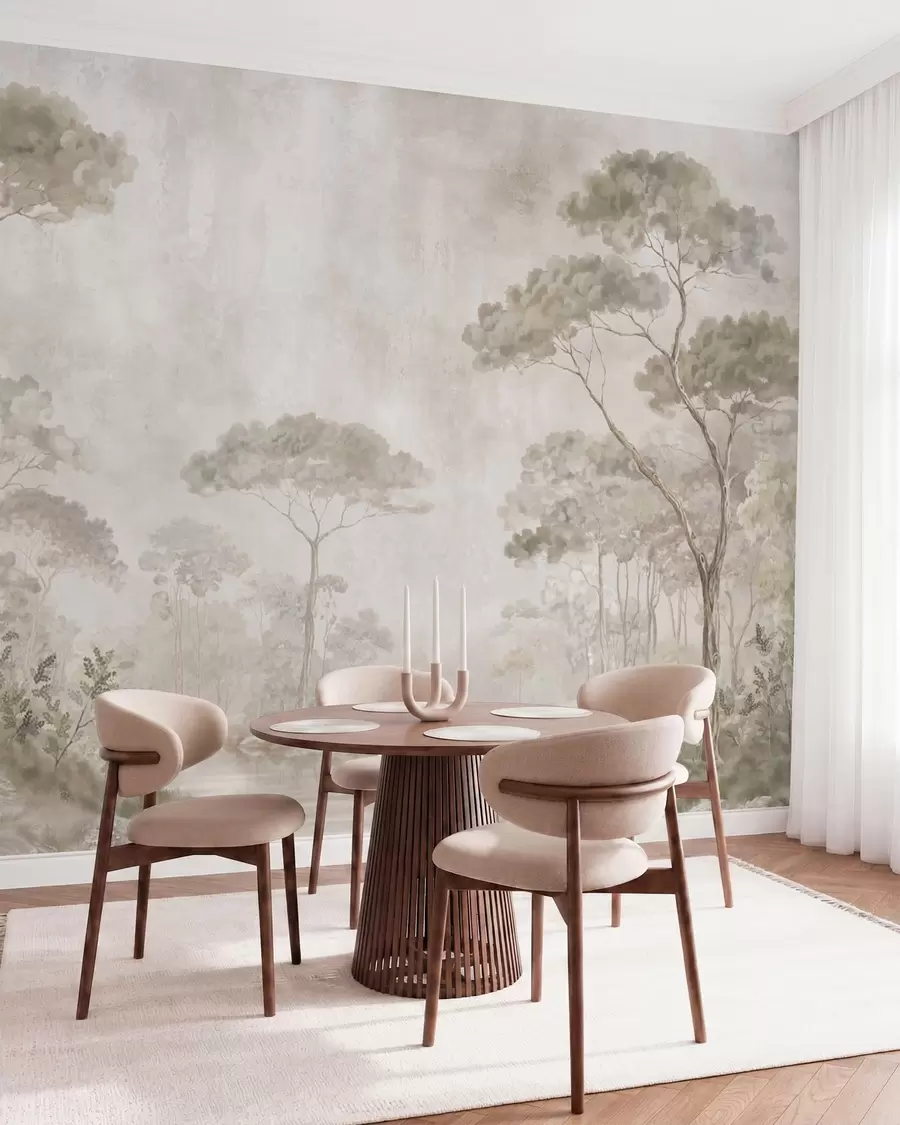 Papier peint Une forêt brumeuse au bord d'un plan d'eau paisible, dans des tons pastel naturels et doux w05817
