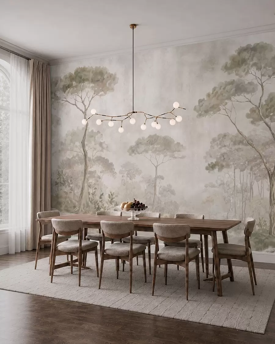 Papier peint Une forêt brumeuse au bord d'un plan d'eau paisible, dans des tons pastel naturels et doux w05817