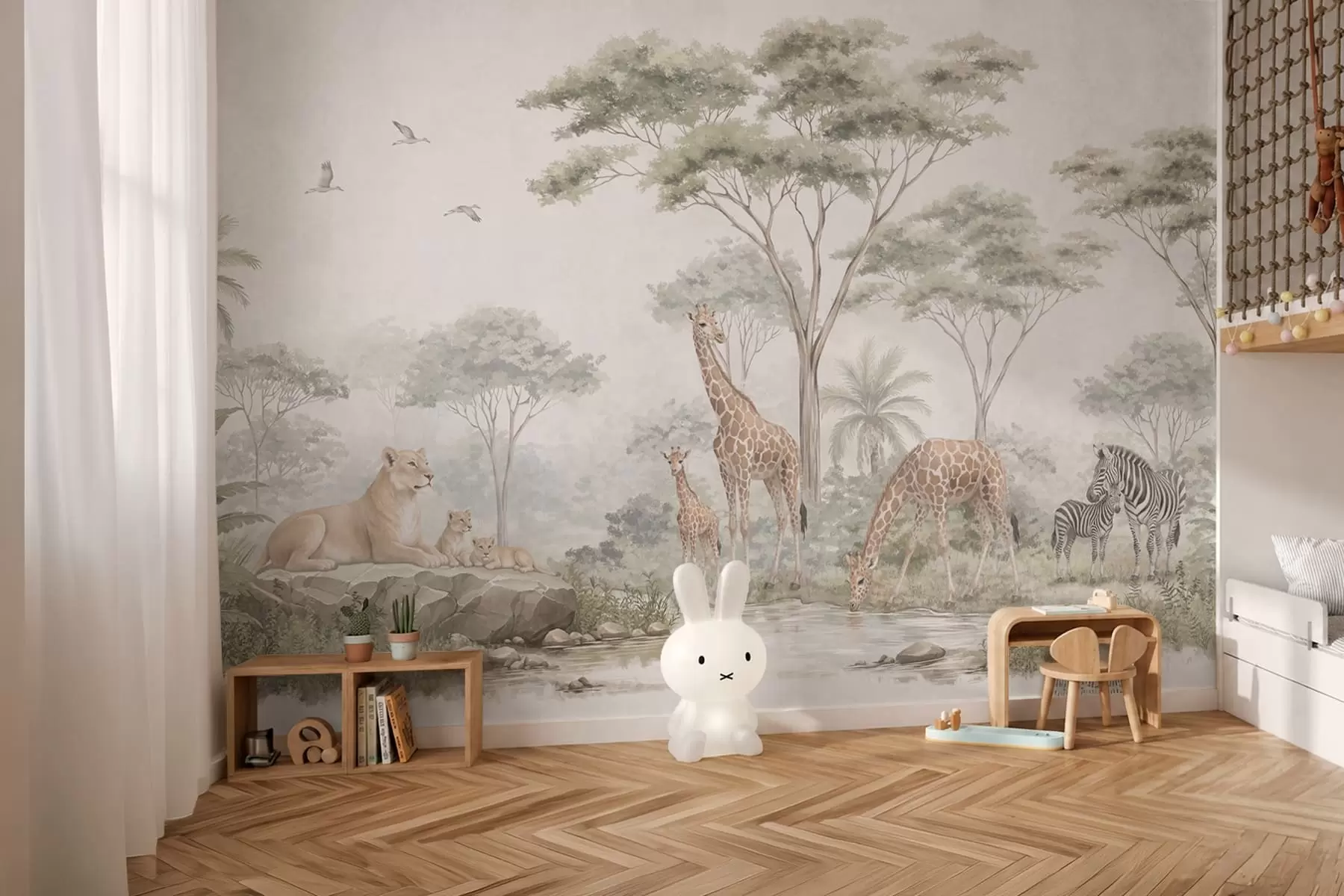 Papier peint Safari avec des girafes, des lions, des zèbres et des arbres tropicaux w05804