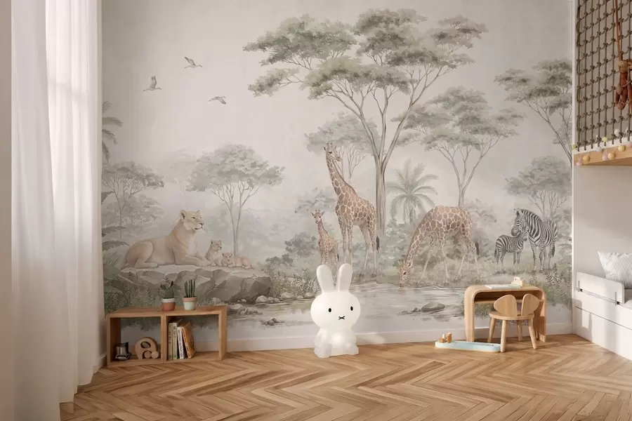 Papier peint Safari avec des girafes, des lions, des zèbres et des arbres tropicaux w05804