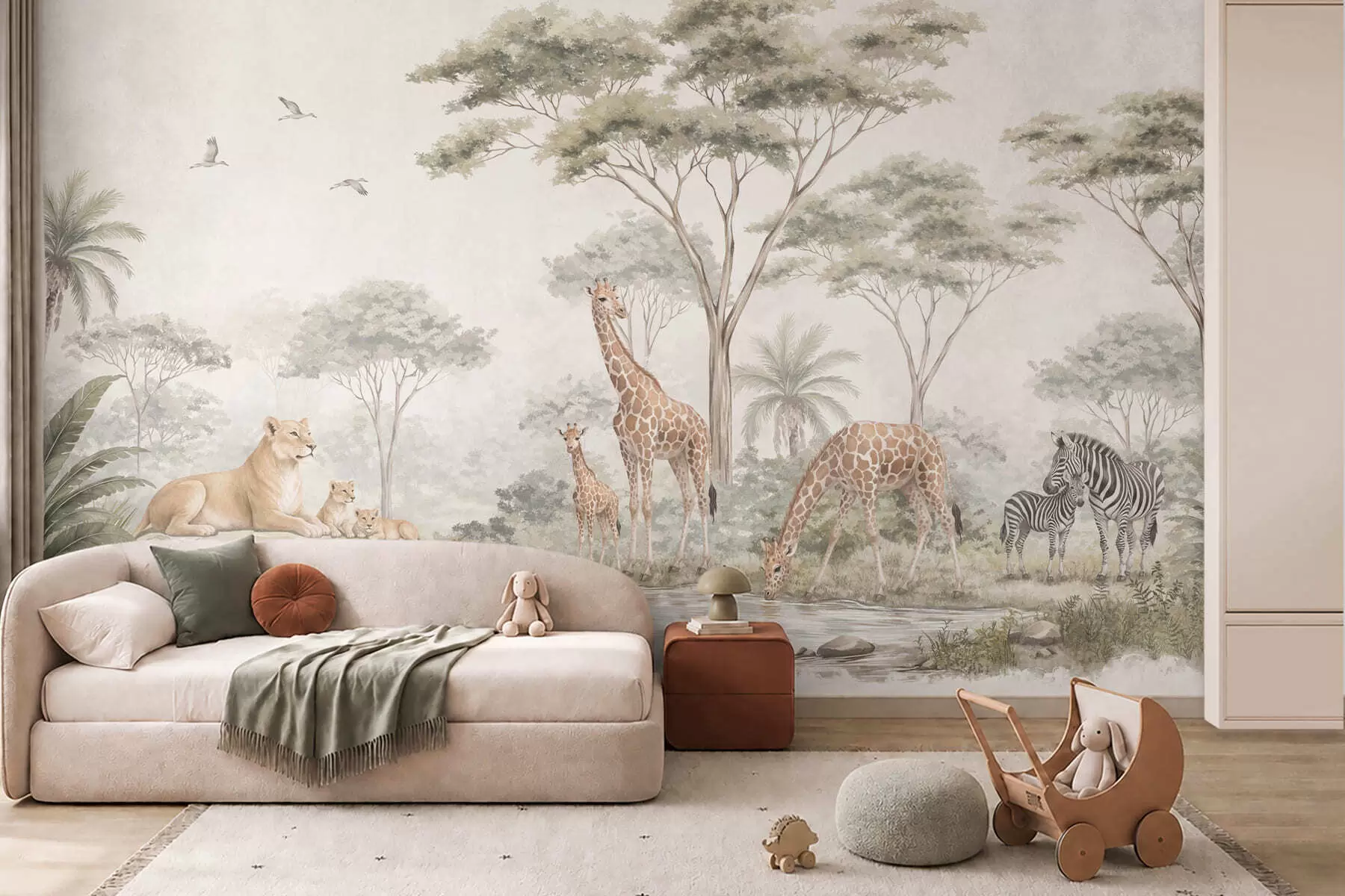Papier peint Safari avec des girafes, des lions, des zèbres et des arbres tropicaux w05804