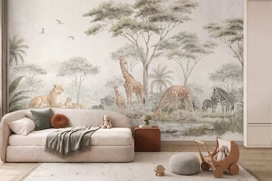 Papier peint Safari avec des girafes, des lions, des zèbres et des arbres tropicaux w05804
