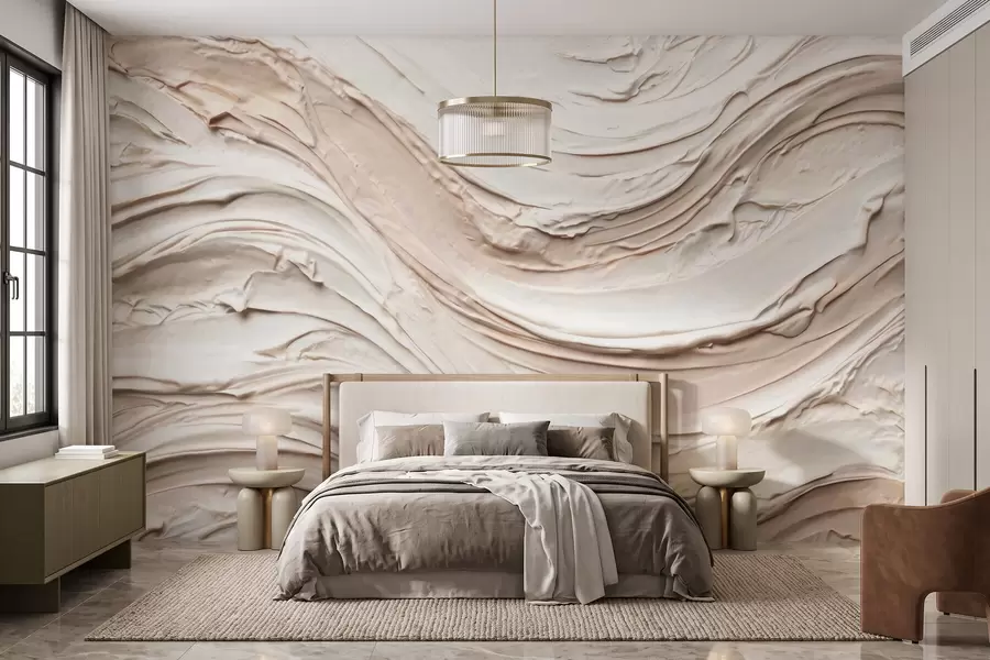 Papier peint Ondulations chaudes aux tons crème et pêche imitant un enduit texturé, abstrait w09990