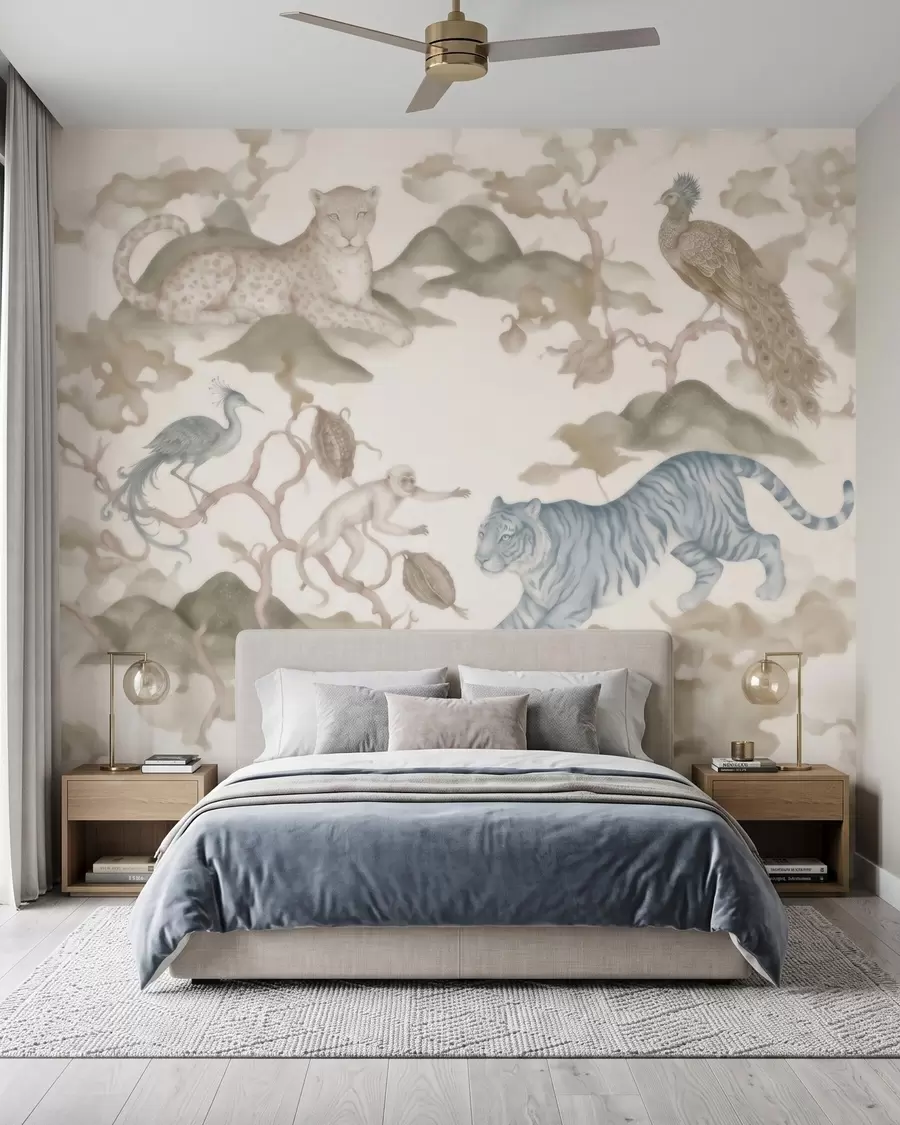 Papier peint Jardin impérial avec des animaux de style oriental : singe, léopard, tigre, paon et héron w10011