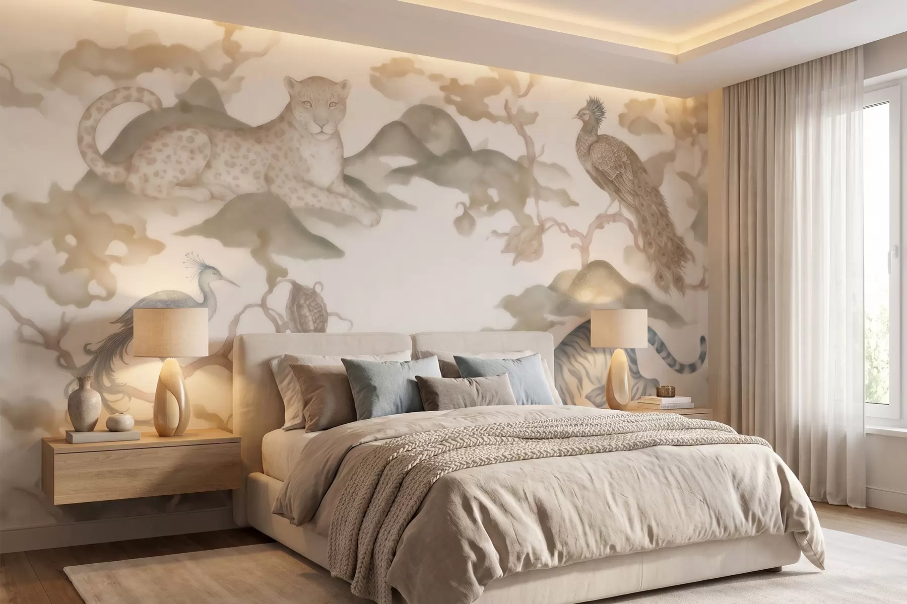 Papier peint Jardin impérial avec des animaux de style oriental : singe, léopard, tigre, paon et héron w10011