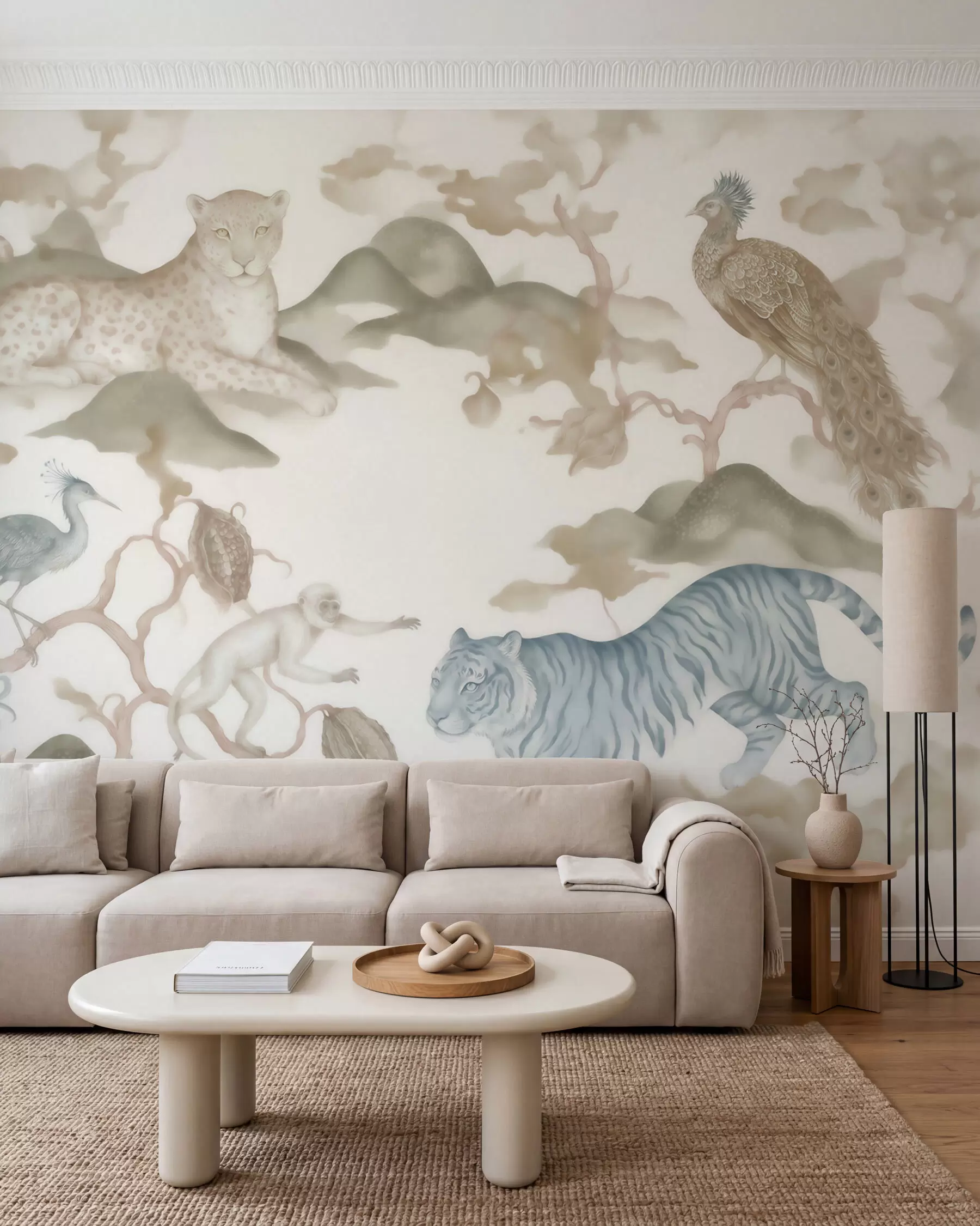 Papier peint Jardin impérial avec des animaux de style oriental : singe, léopard, tigre, paon et héron w10011