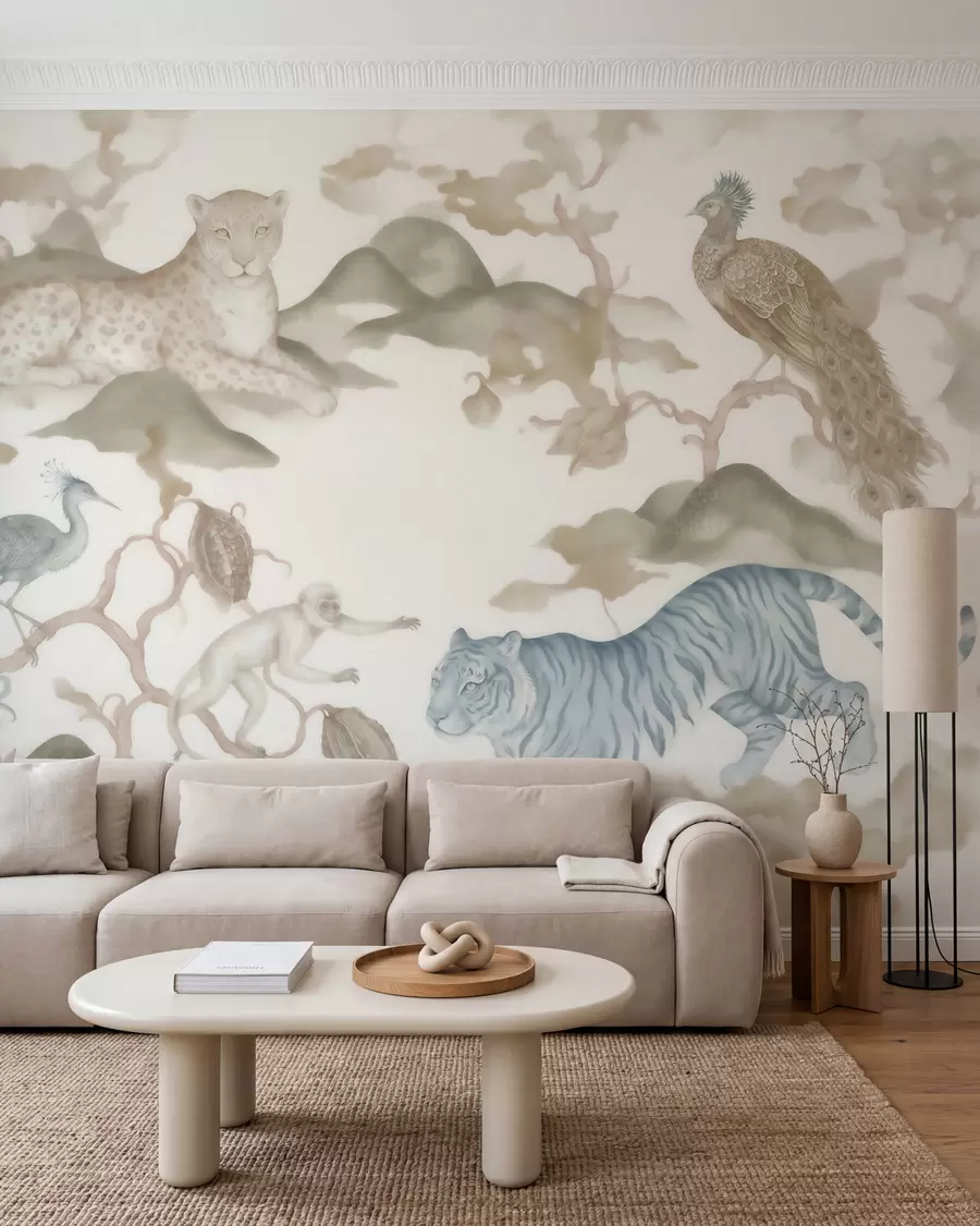 Papier peint Jardin impérial avec des animaux de style oriental : singe, léopard, tigre, paon et héron w10011