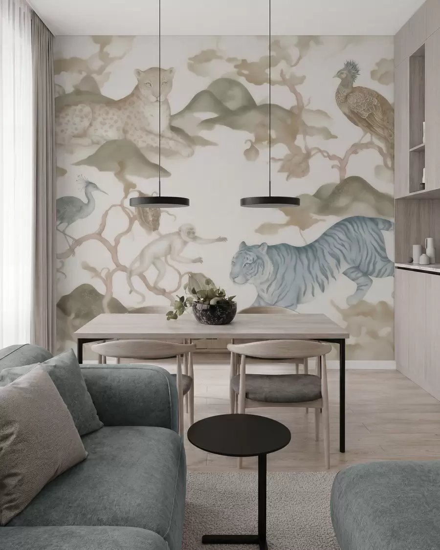Papier peint Jardin impérial avec des animaux de style oriental : singe, léopard, tigre, paon et héron w10011
