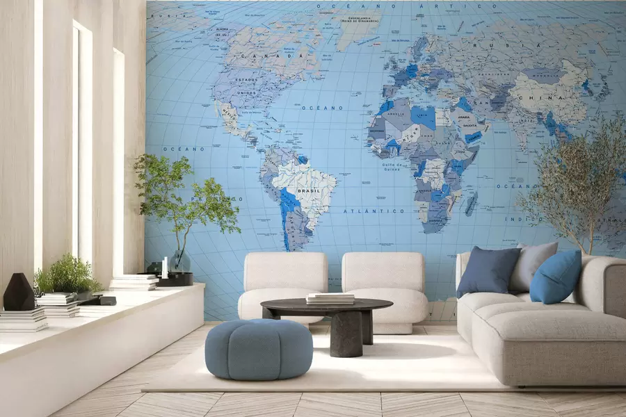 Papier peint Carte politique du monde en bleu avec des drapeaux, en espagnol c00016esv2