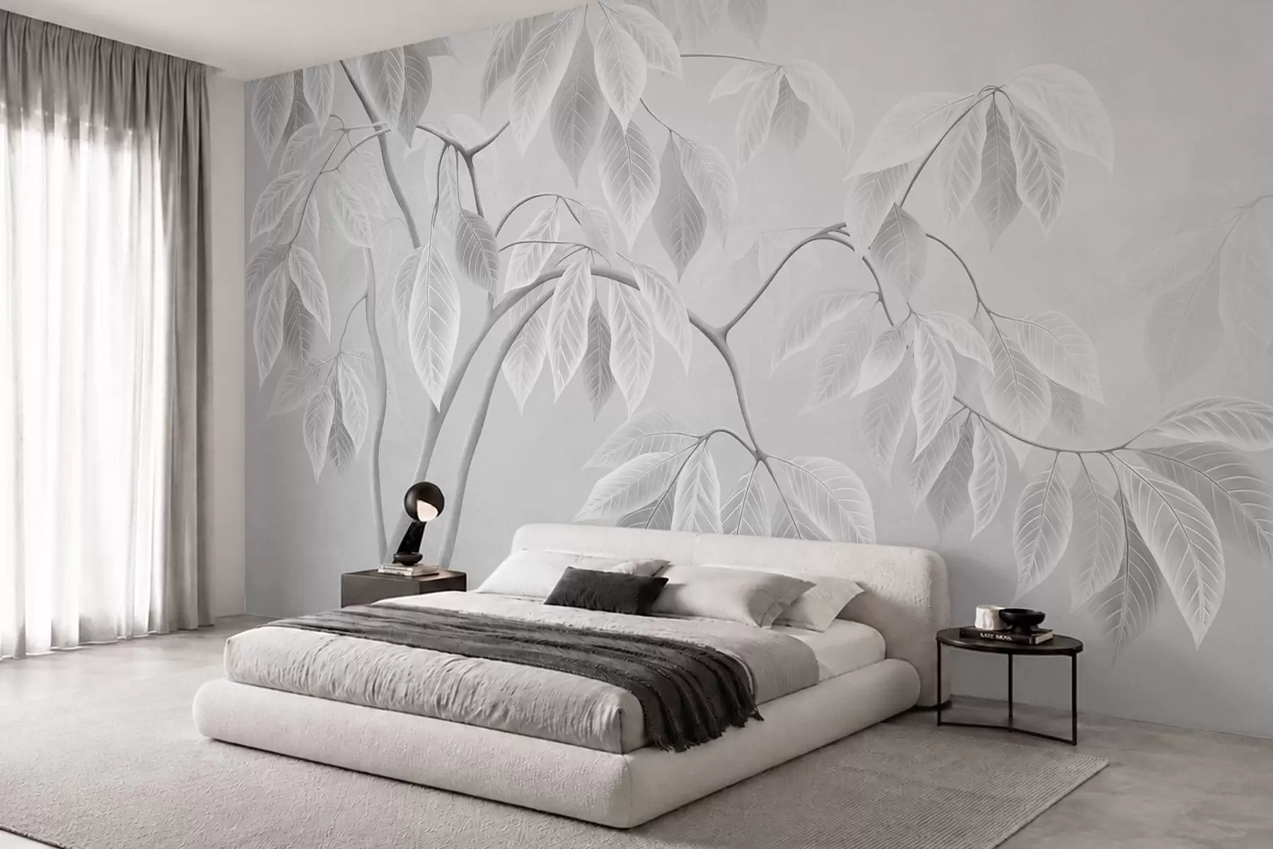 Papier peint Des branches claires aux grandes feuilles sur un fond clair w05806