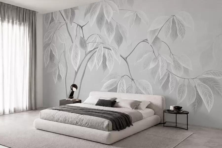 Papier peint Des branches claires aux grandes feuilles sur un fond clair w05806