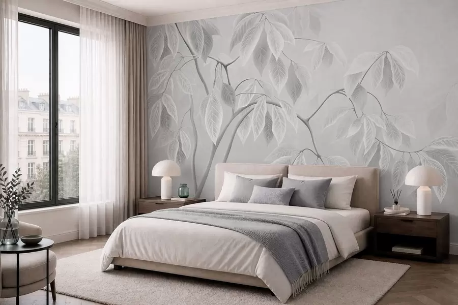 Papier peint Des branches claires aux grandes feuilles sur un fond clair w05806