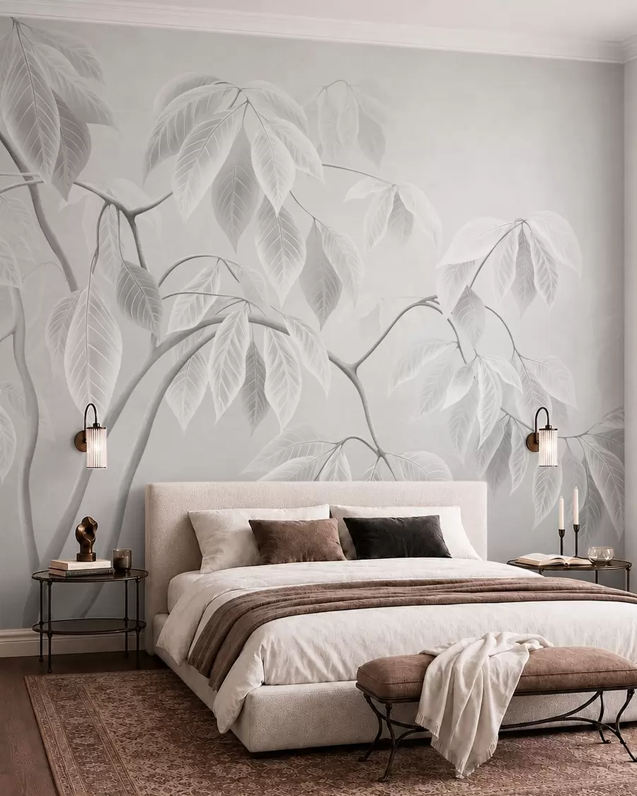 Papier peint Des branches claires aux grandes feuilles sur un fond clair w05806