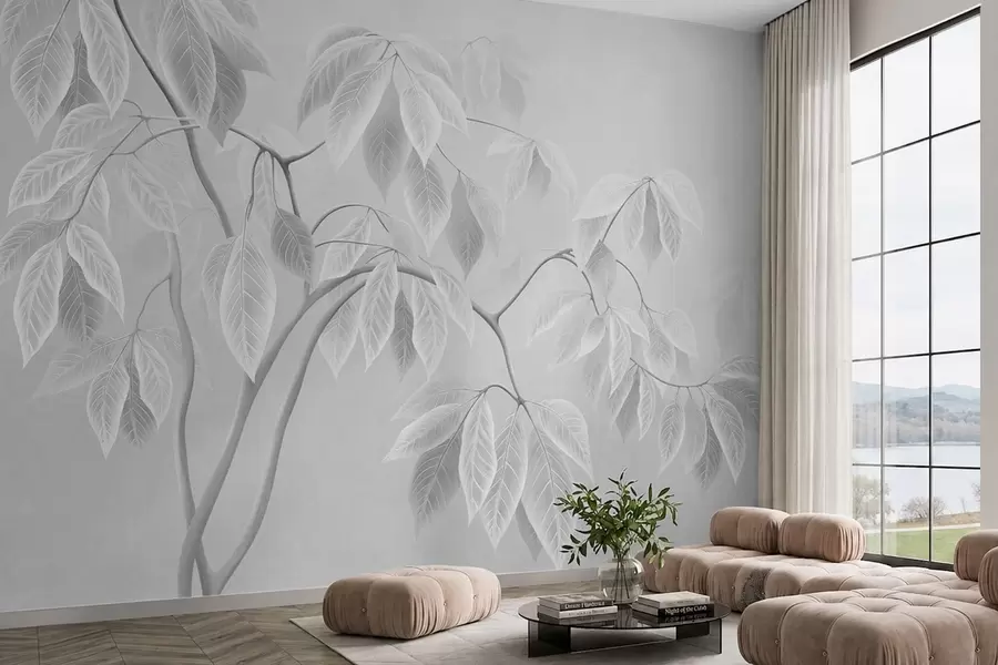 Papier peint Des branches claires aux grandes feuilles sur un fond clair w05806