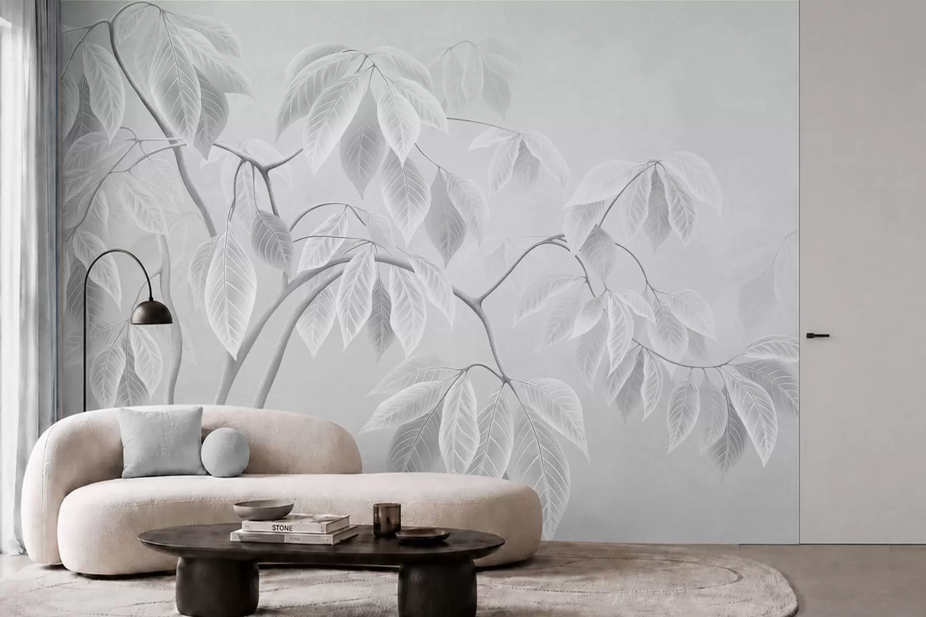 Papier peint Des branches claires aux grandes feuilles sur un fond clair w05806