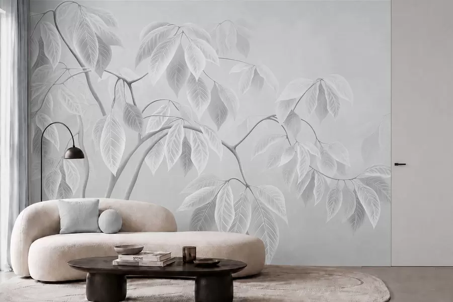 Papier peint Des branches claires aux grandes feuilles sur un fond clair w05806