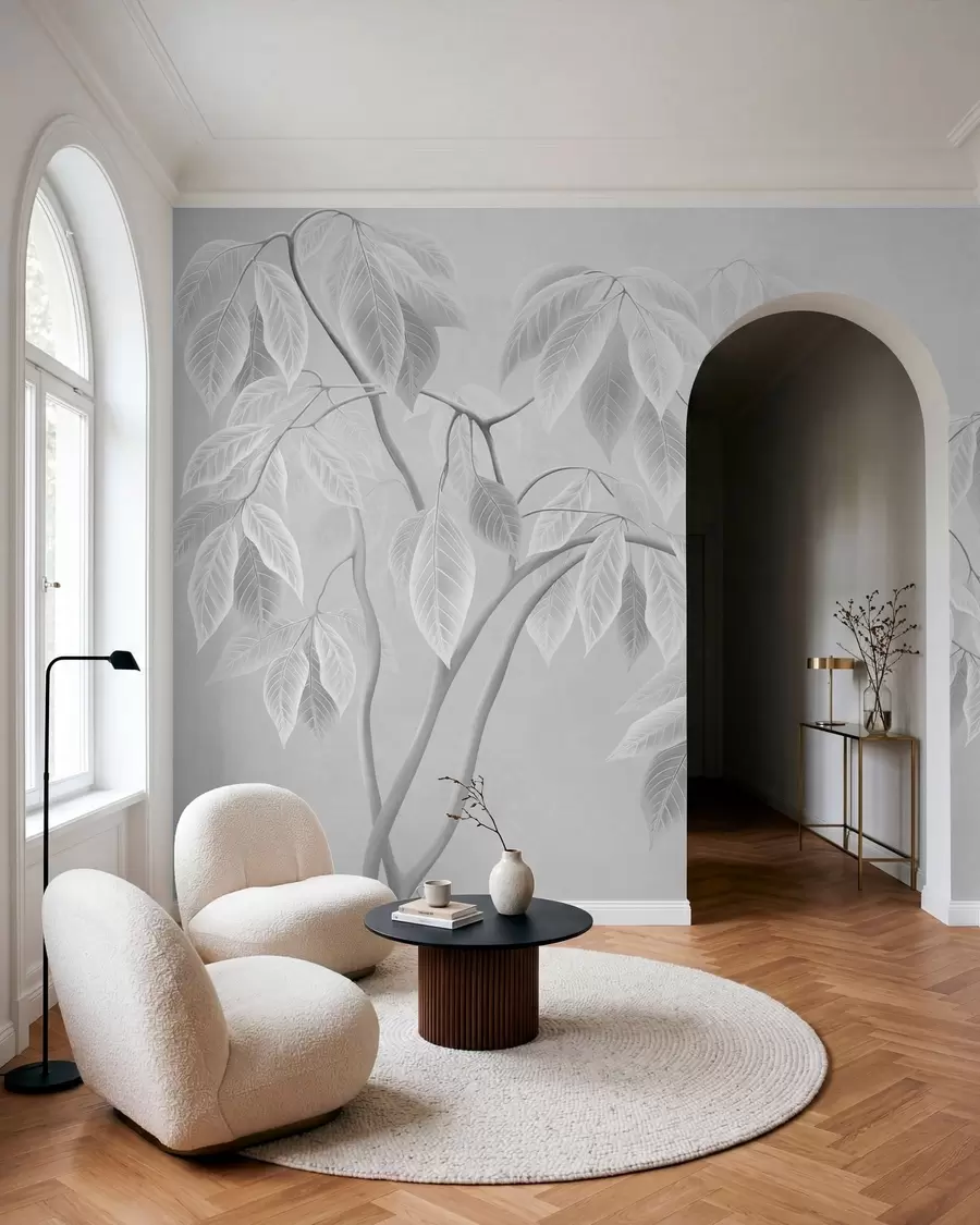 Papier peint Des branches claires aux grandes feuilles sur un fond clair w05806
