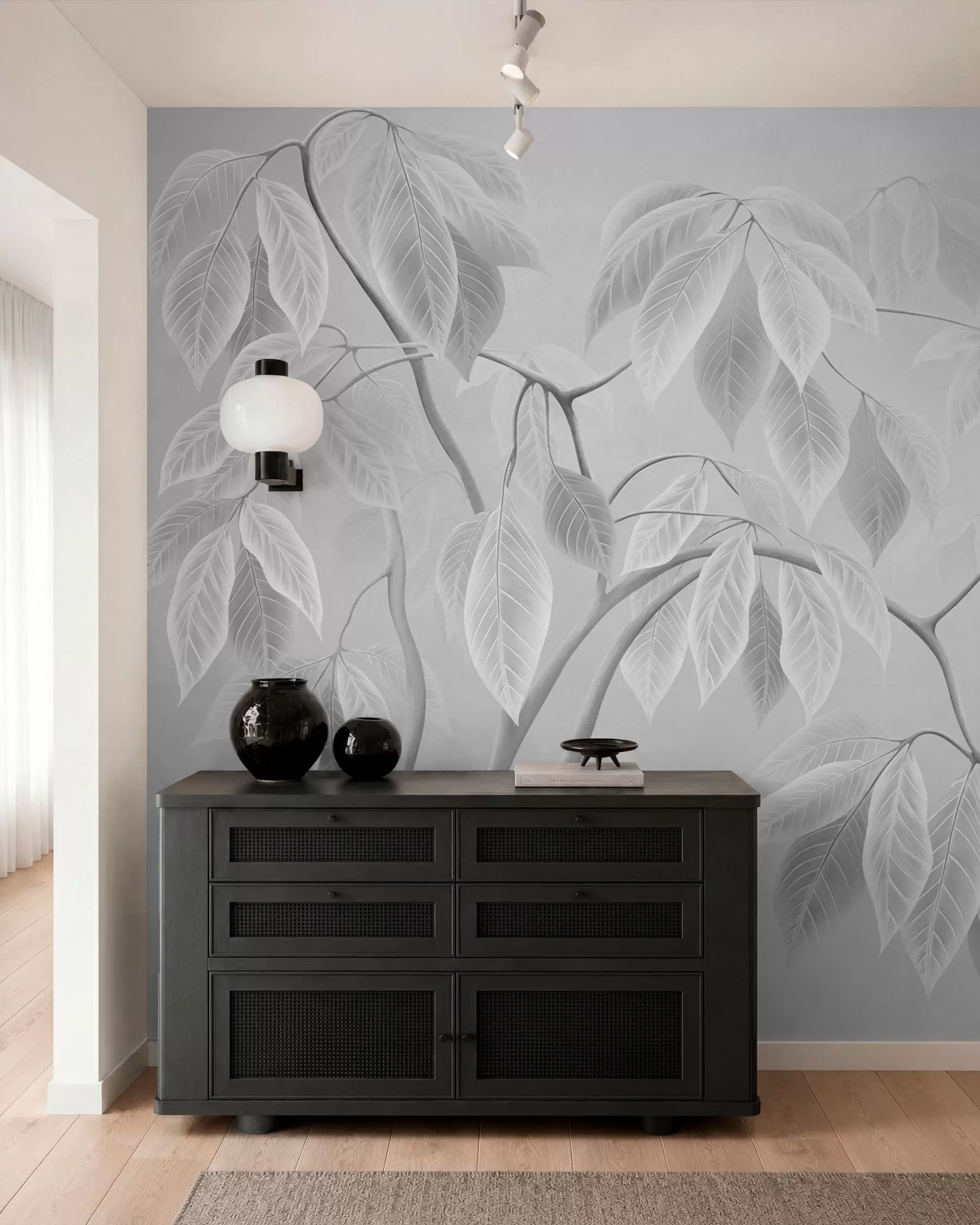 Papier peint Des branches claires aux grandes feuilles sur un fond clair w05806
