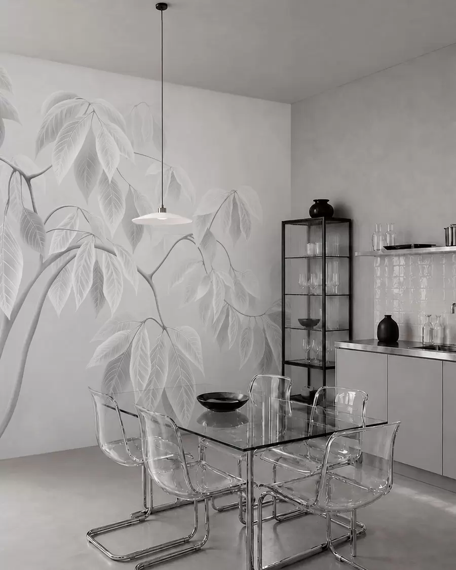 Papier peint Des branches claires aux grandes feuilles sur un fond clair w05806