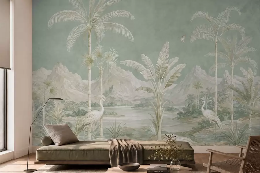 Papier peint Paysage tropical aux douces nuances de vert w05819