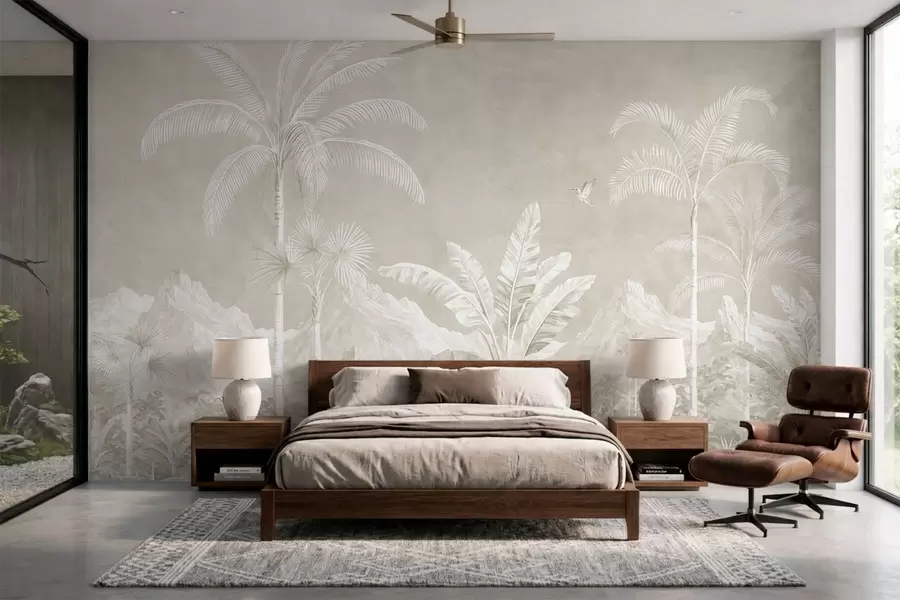 Papier peint Paysage tropical lumineux avec des palmiers, des oiseaux et des montagnes w05819v1
