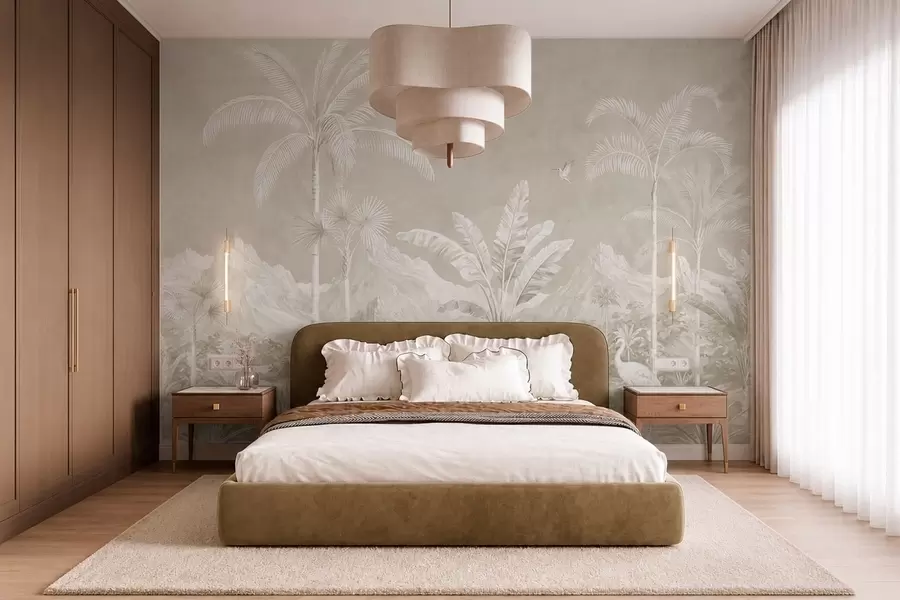 Papier peint Paysage tropical lumineux avec des palmiers, des oiseaux et des montagnes w05819v1