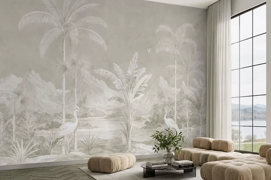 Papier peint Paysage tropical lumineux avec des palmiers, des oiseaux et des montagnes w05819v1