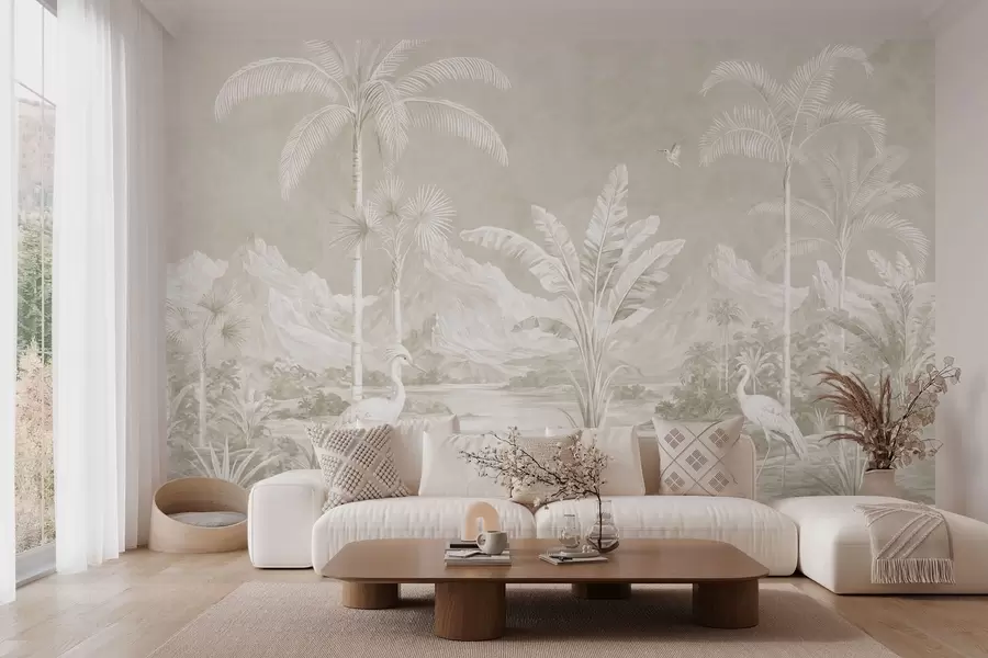 Papier peint Paysage tropical lumineux avec des palmiers, des oiseaux et des montagnes w05819v1