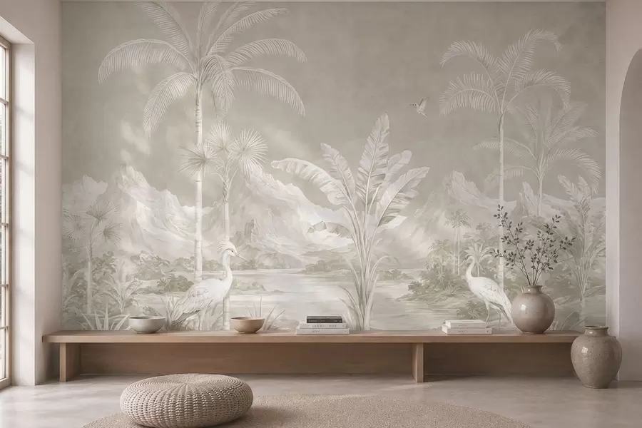 Papier peint Paysage tropical lumineux avec des palmiers, des oiseaux et des montagnes w05819v1