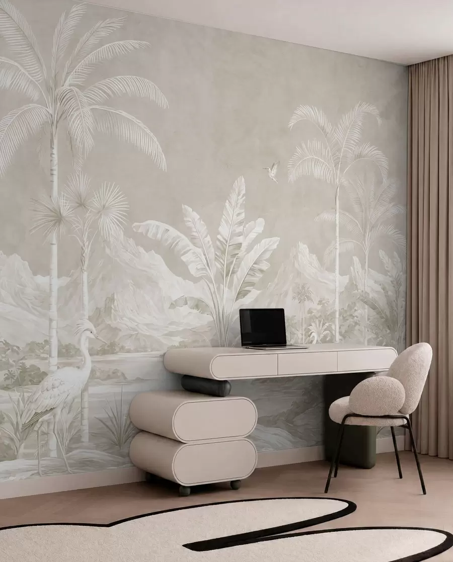 Papier peint Paysage tropical lumineux avec des palmiers, des oiseaux et des montagnes w05819v1