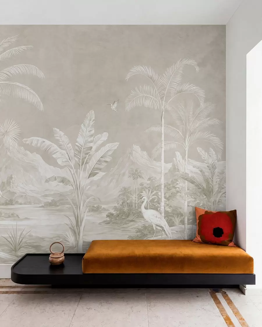 Papier peint Paysage tropical lumineux avec des palmiers, des oiseaux et des montagnes w05819v1