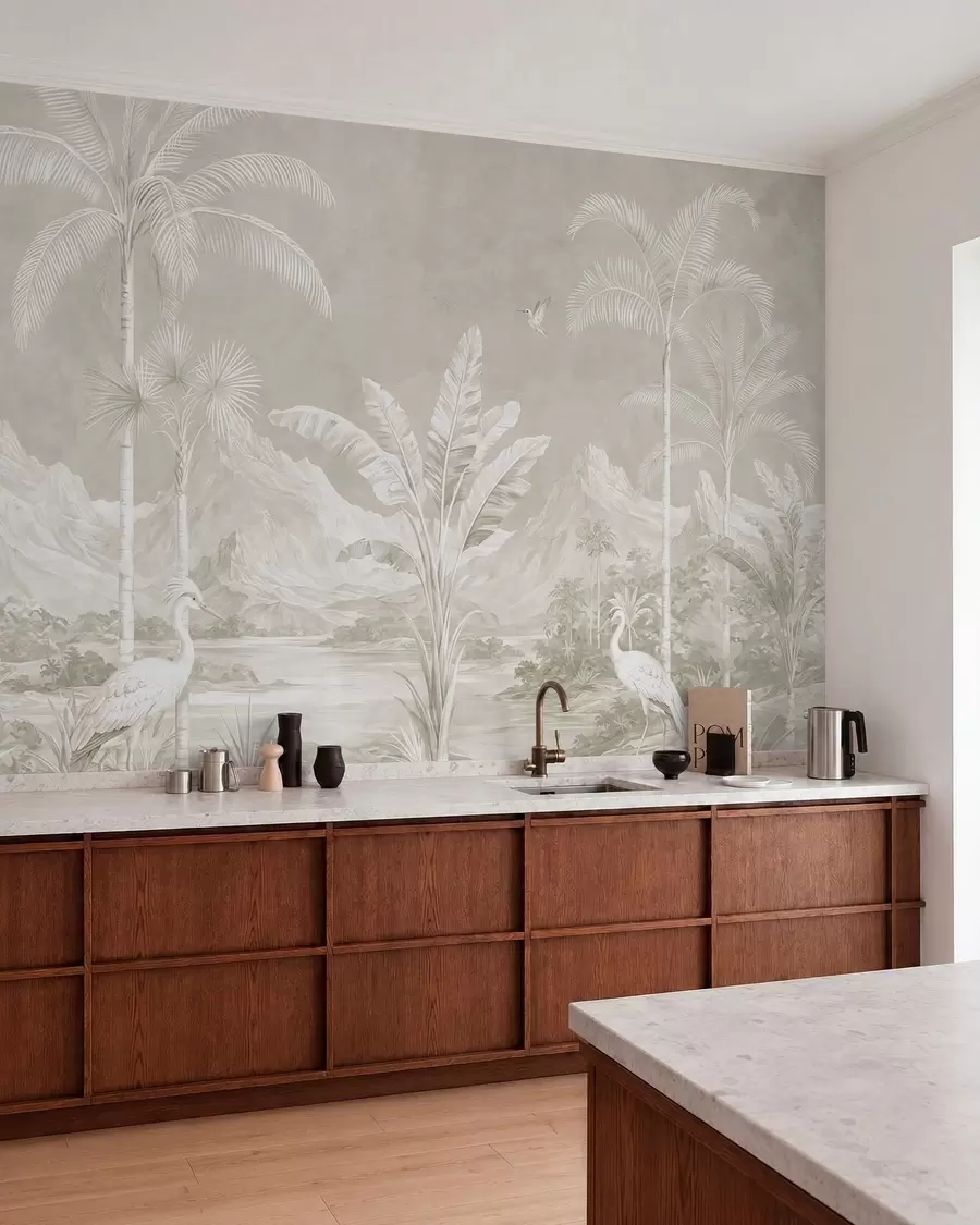 Papier peint Paysage tropical lumineux avec des palmiers, des oiseaux et des montagnes w05819v1