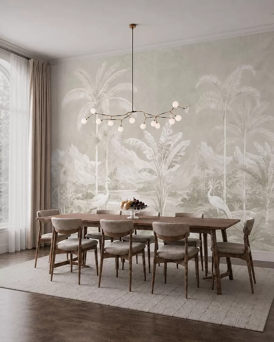 Papier peint Paysage tropical lumineux avec des palmiers, des oiseaux et des montagnes w05819v1