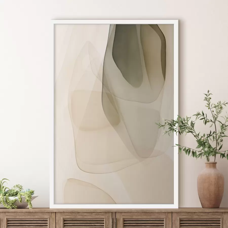 Papier peint Des formes abstraites, fluides et translucides, dans des tons discrets de beige, de crème et de vert olive f50204